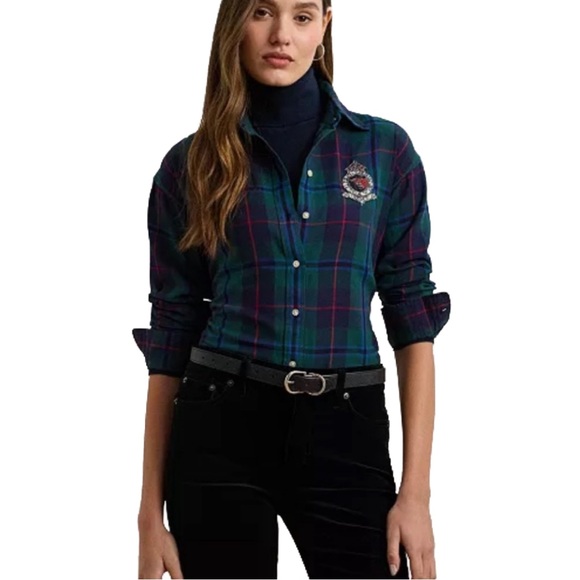 NWT Lauren Ralph Lauren Relaxed Fit Black Watch Plaid Shirt w/ Bead Crest-size L - Picture 1 of 10